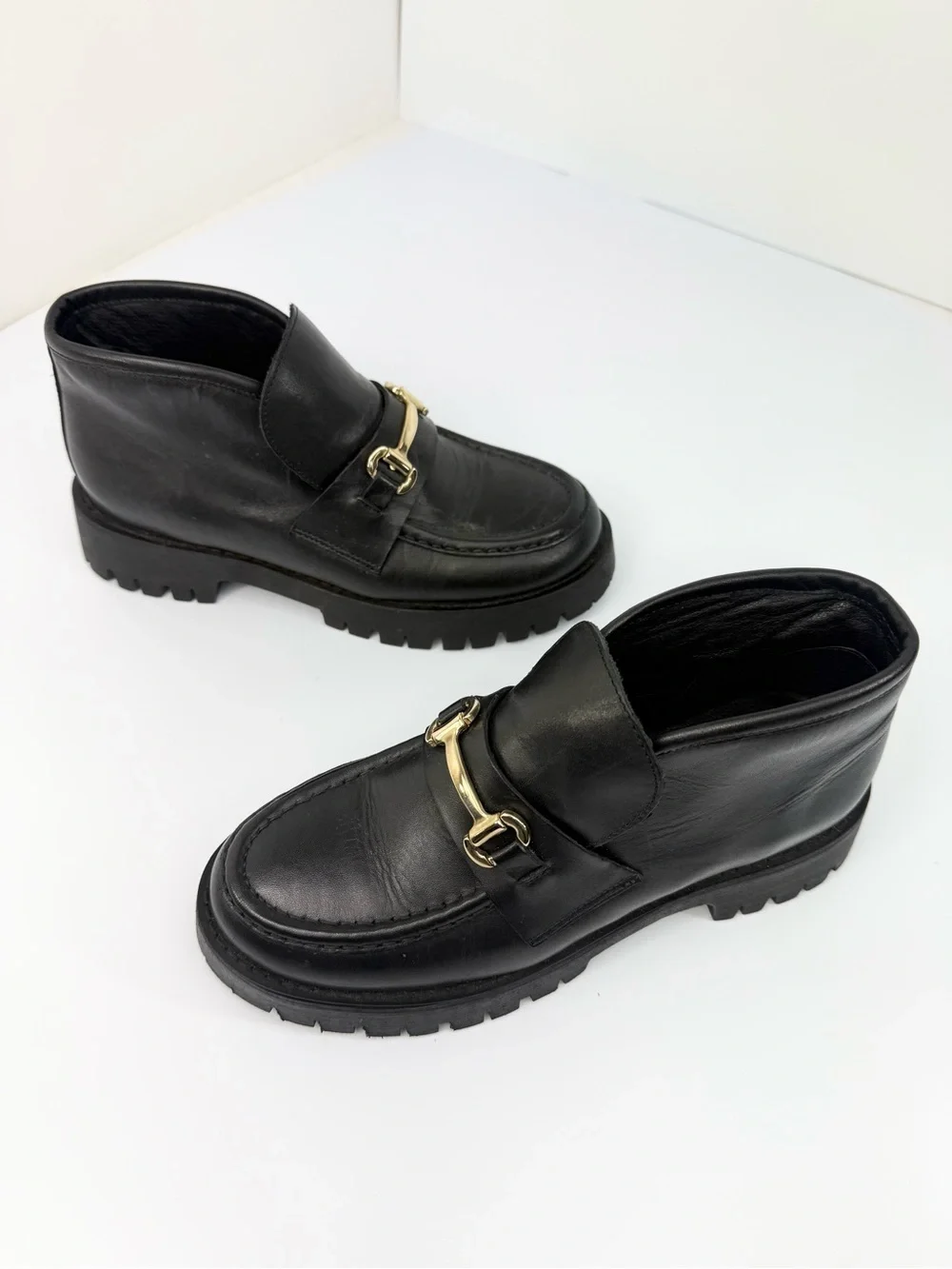 Steve Madden LEON Black Leather Horse bit Toe Chunky Platform Lug Sole Loafers
